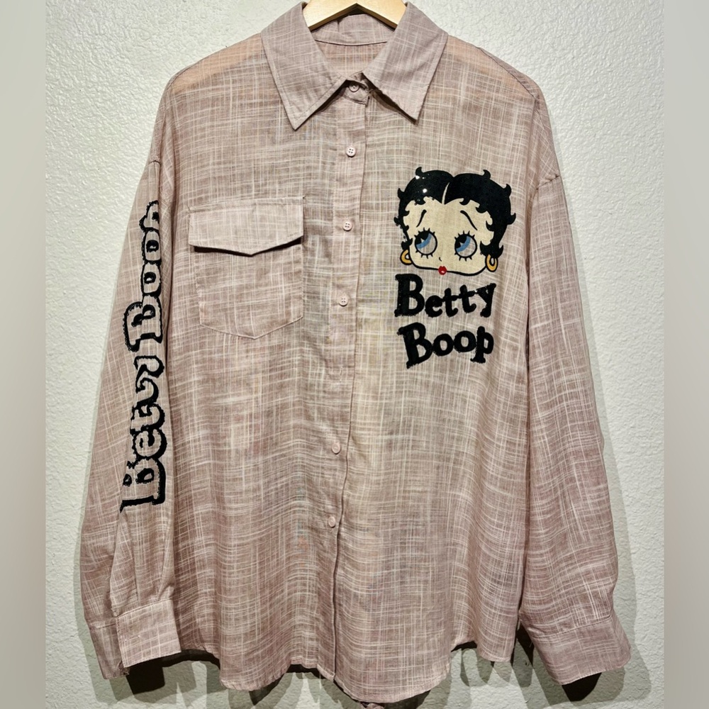 Betty Boop Beige Long Sleeve Button-down Shirt - Size L (Men’s)